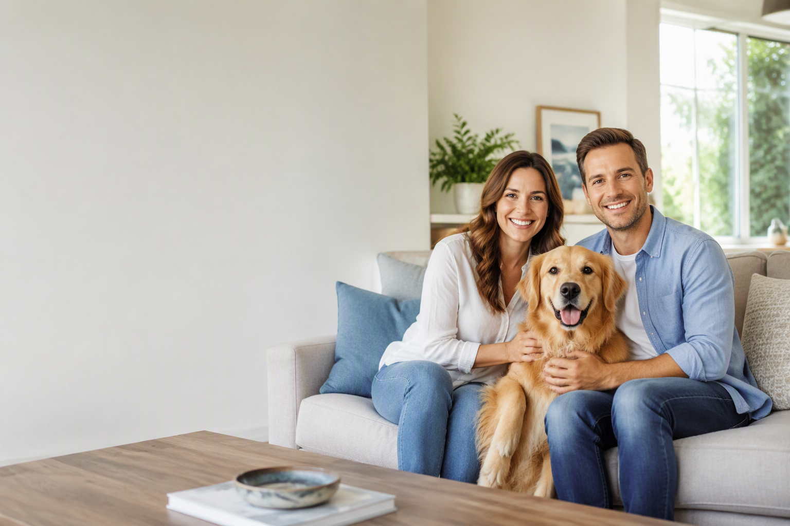 Woman, husband, and dog sitting on a couch